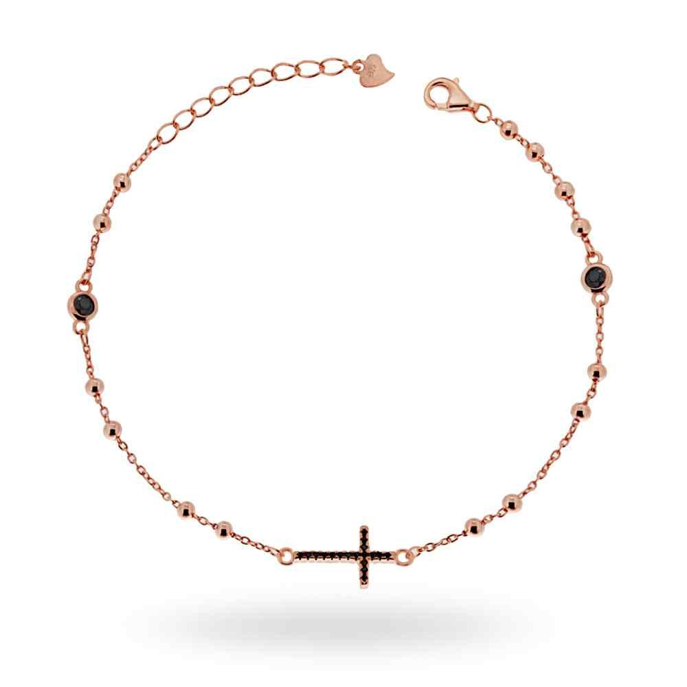 Bracciale rosario con zirconi neri . argento 925 rosè