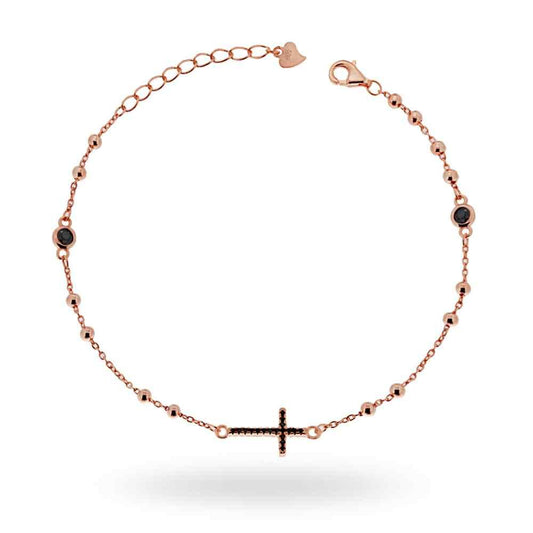 Bracciale rosario con zirconi neri . argento 925 rosè