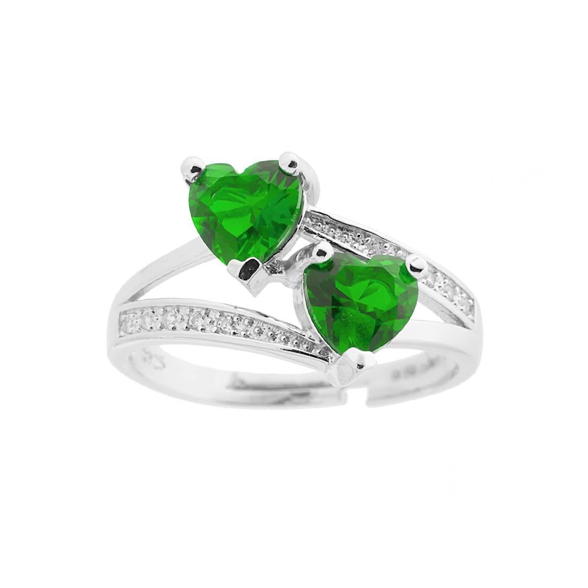 Copia del Anello con doppio zircone verde a forma di cuore  con zirconi bianchi incastonati - argento 925