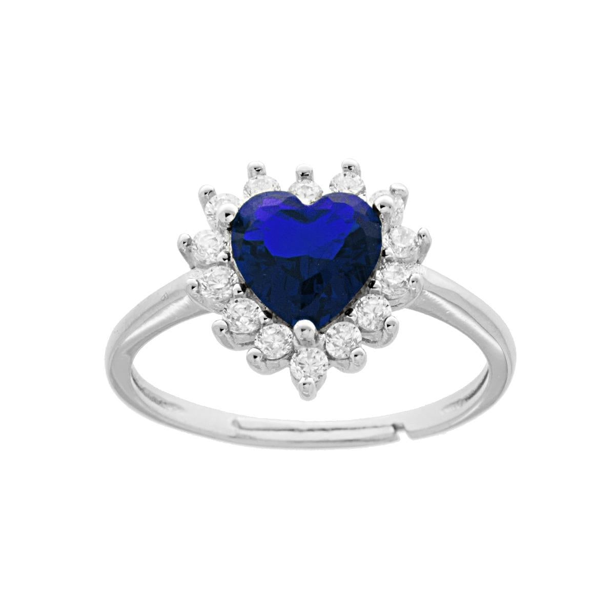 Anello con Zircone blu a forma di cuore e Zirconi Bianchi -argento 925