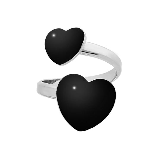 Anello cuore doppio smaltato nero  - argento 925