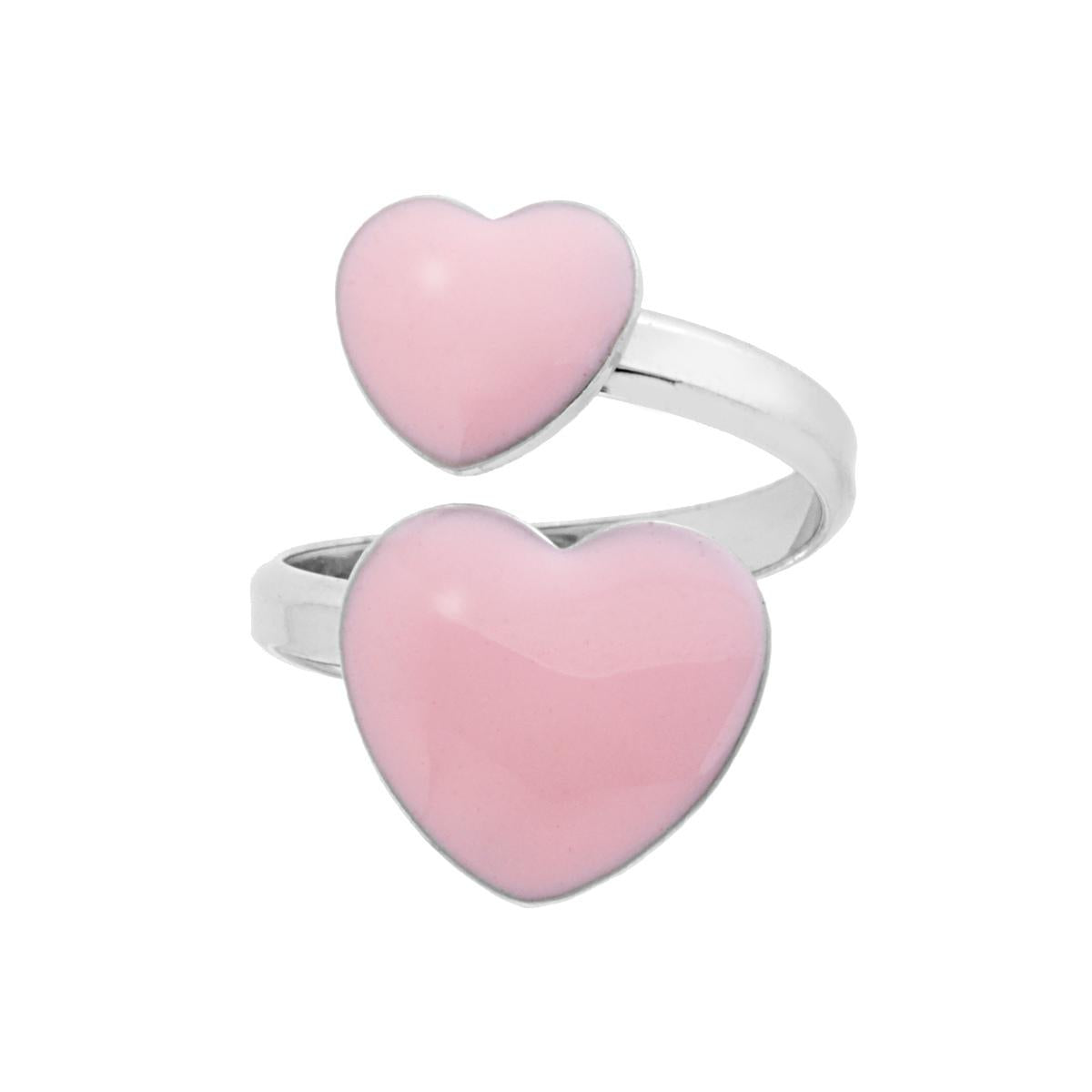 Anello cuore doppio smaltato rosa  - argento 925