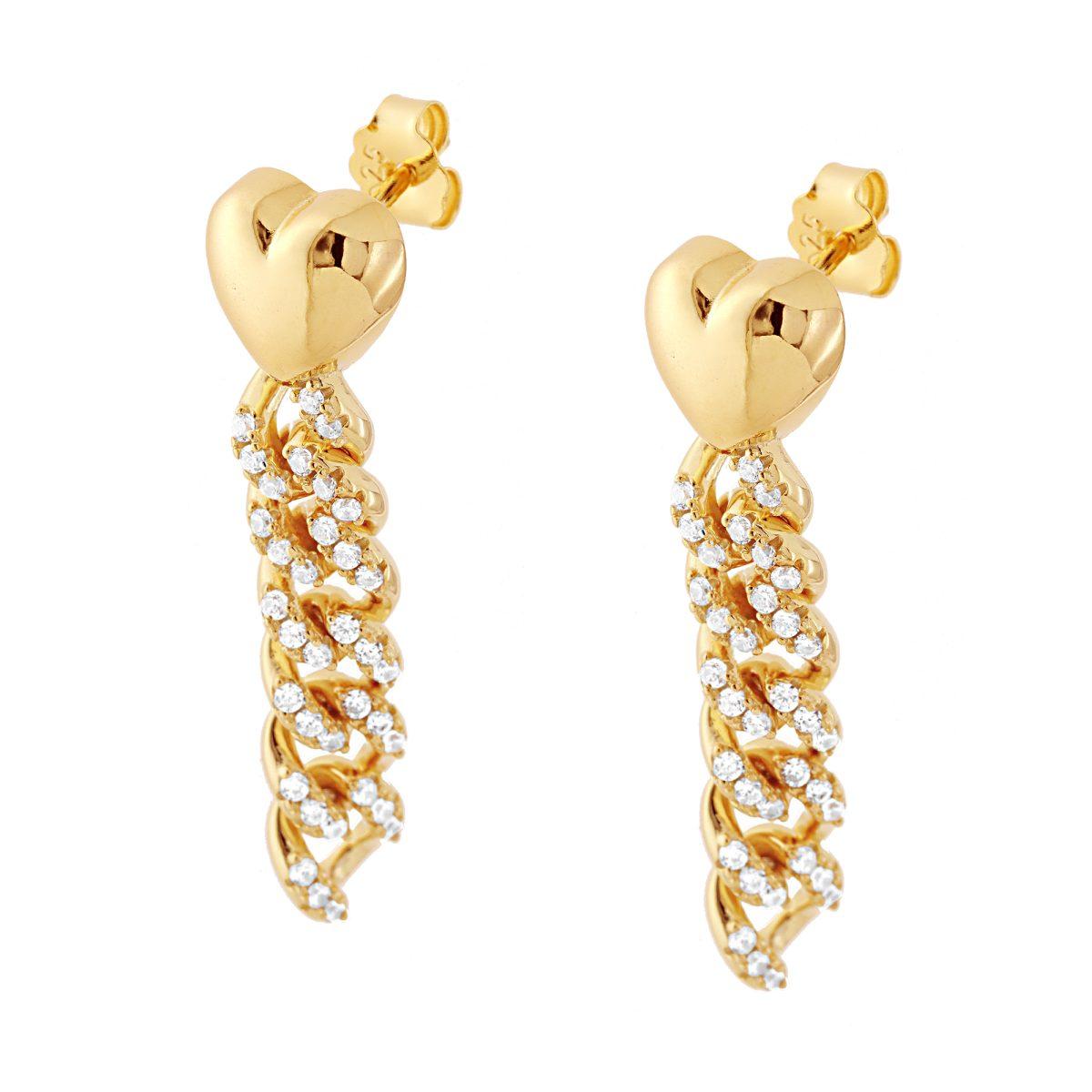 Orecchini cuore bombato con catena zirconata - argento 925 gold