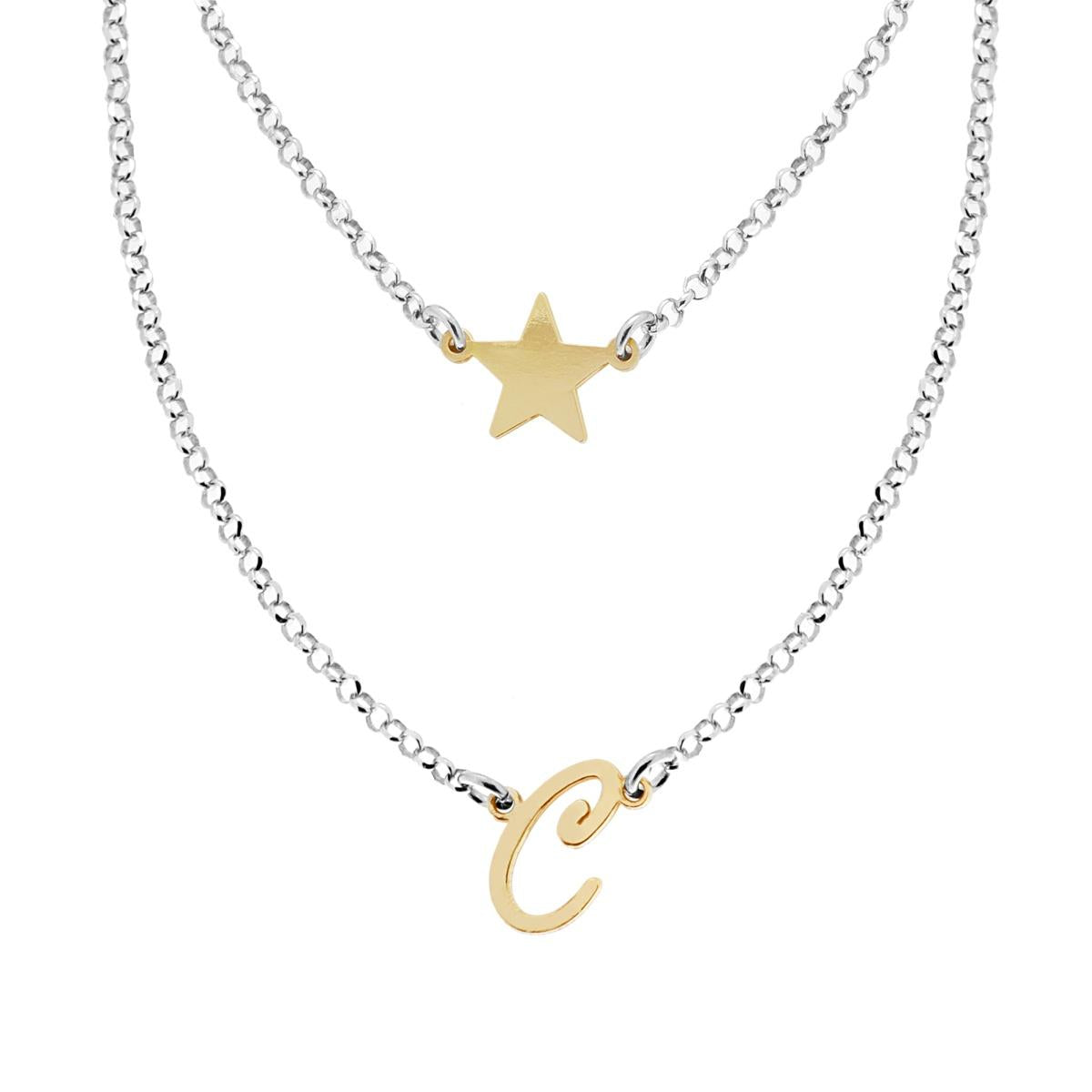 Collana due fili con stella e lettera C - argento 925 silver e gold