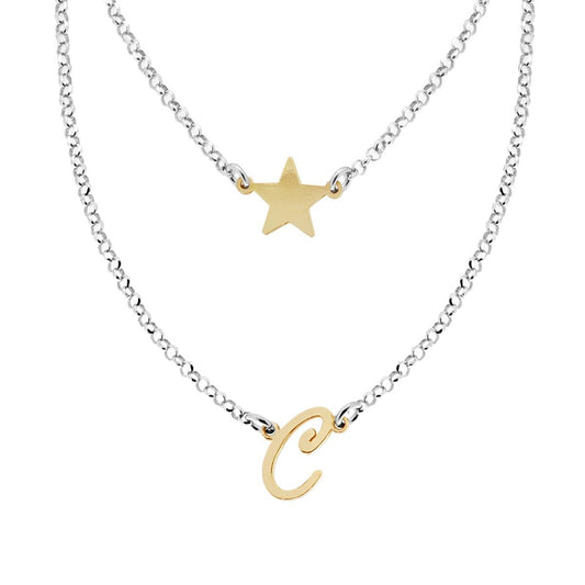 Collana due fili con stella e lettera C - argento 925 silver e gold