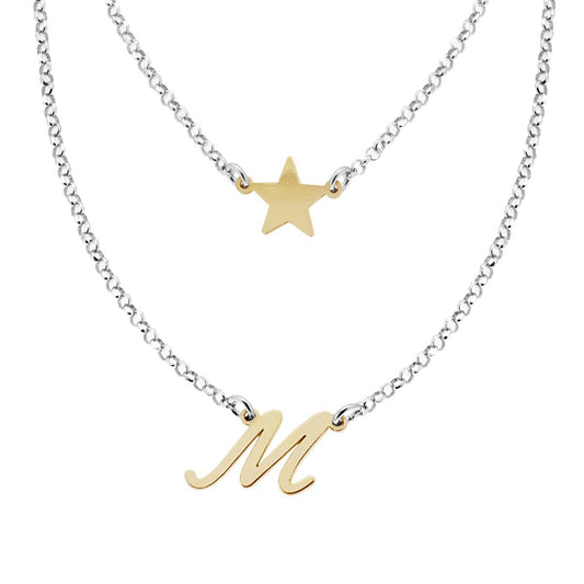 Collana due fili con stella e lettera M - argento 925 silver e gold