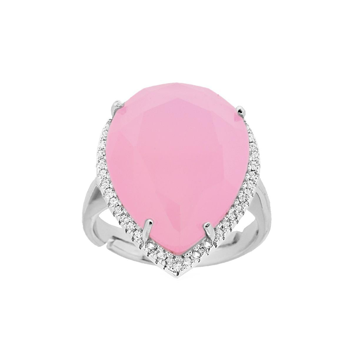 Anello goccia con pietra maxi rosa  e zirconi bianchi - argento 925