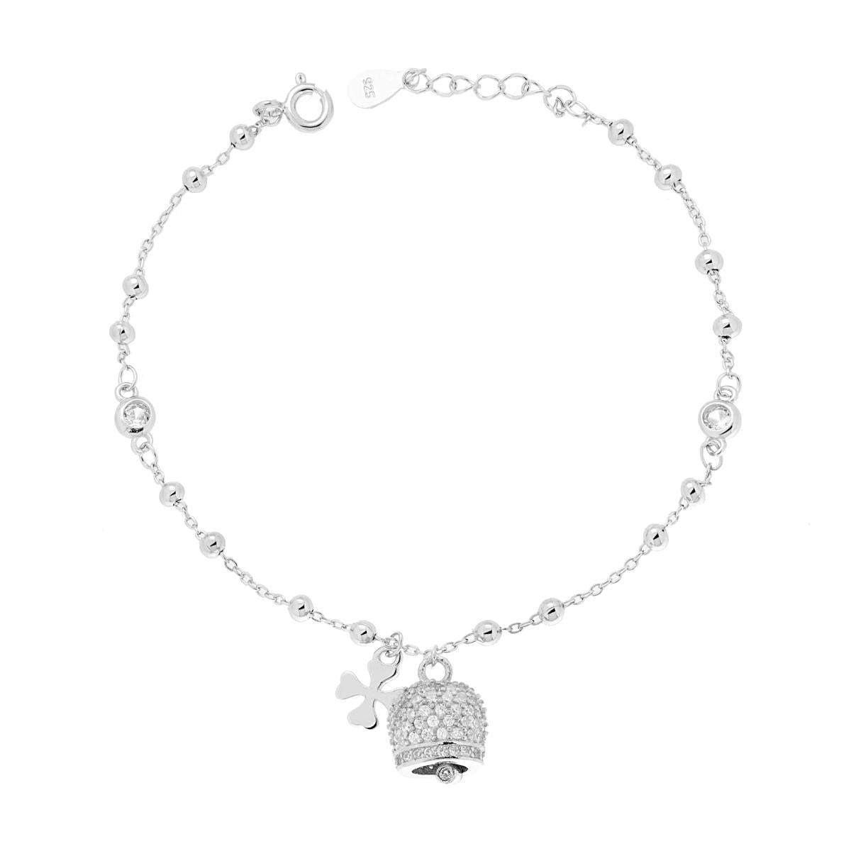 Bracciale Catena Forzatina con Palline Lisce e Qudrifoglio e Campanella zirconata-argento 925