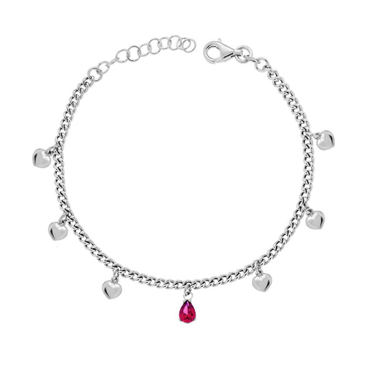 Bracciale catena con cuoricini pendenti e punto luce a goccia rosso rubino - argento 925