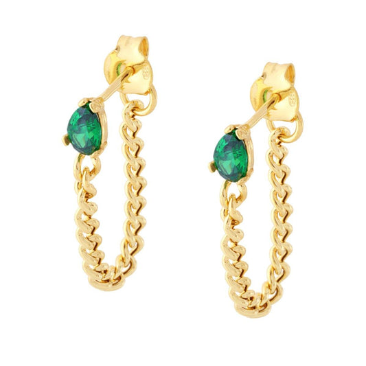 Orecchini con catenina pendente e zircone verde smeraldo - argento 925 gold