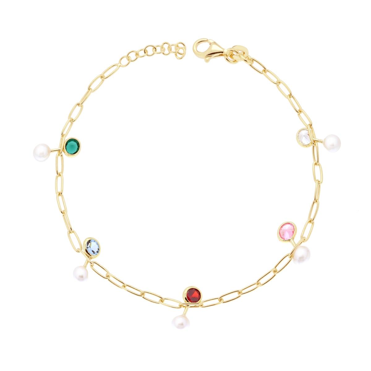 Bracciale Catena Forzatina Allungata con Perle vetro perlato e Cubic Zirconia Multicolor pendenti-argento 925 gold