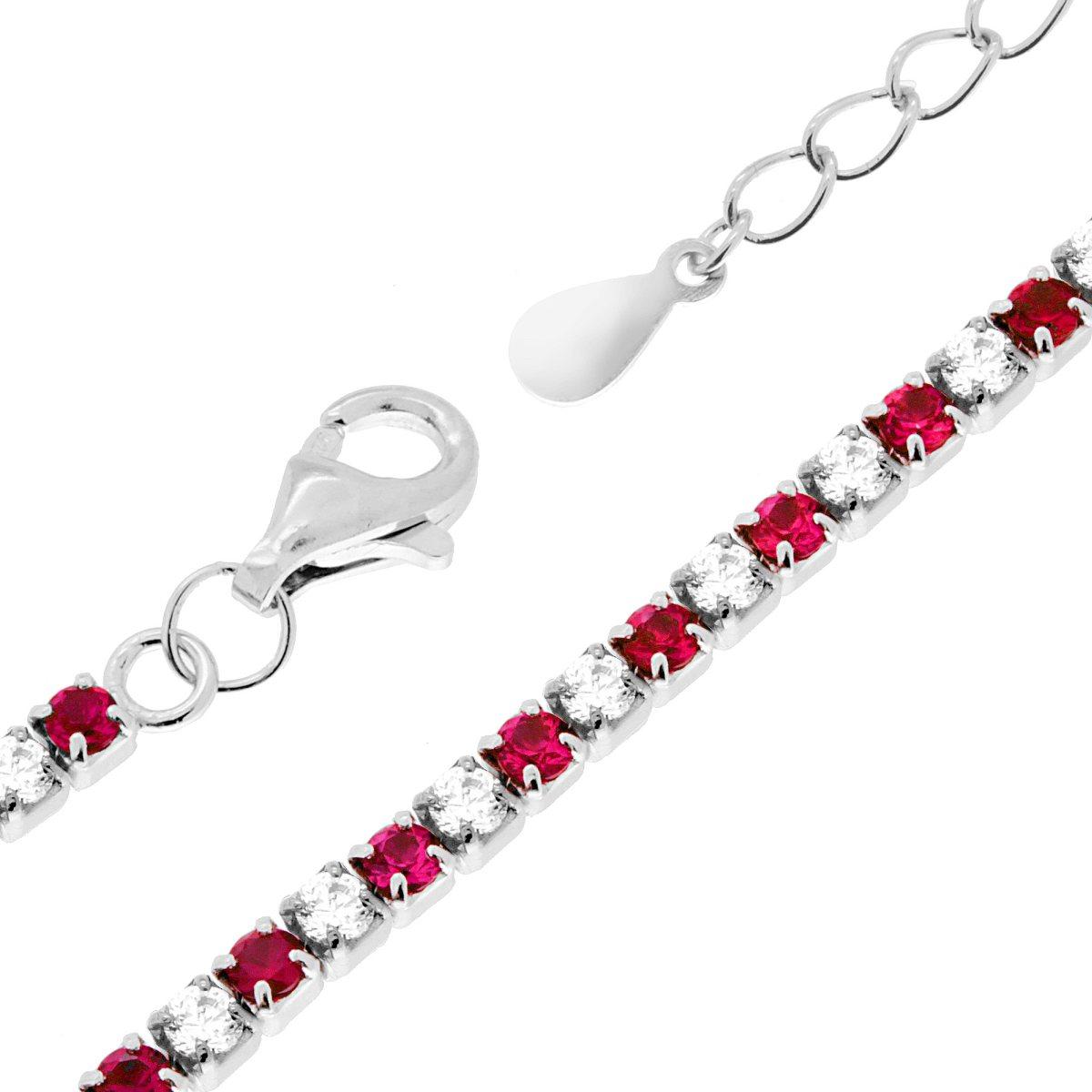 Bracciale tennis 2 mm zirconi bianchi e rosso rubino alternati   - argento 925