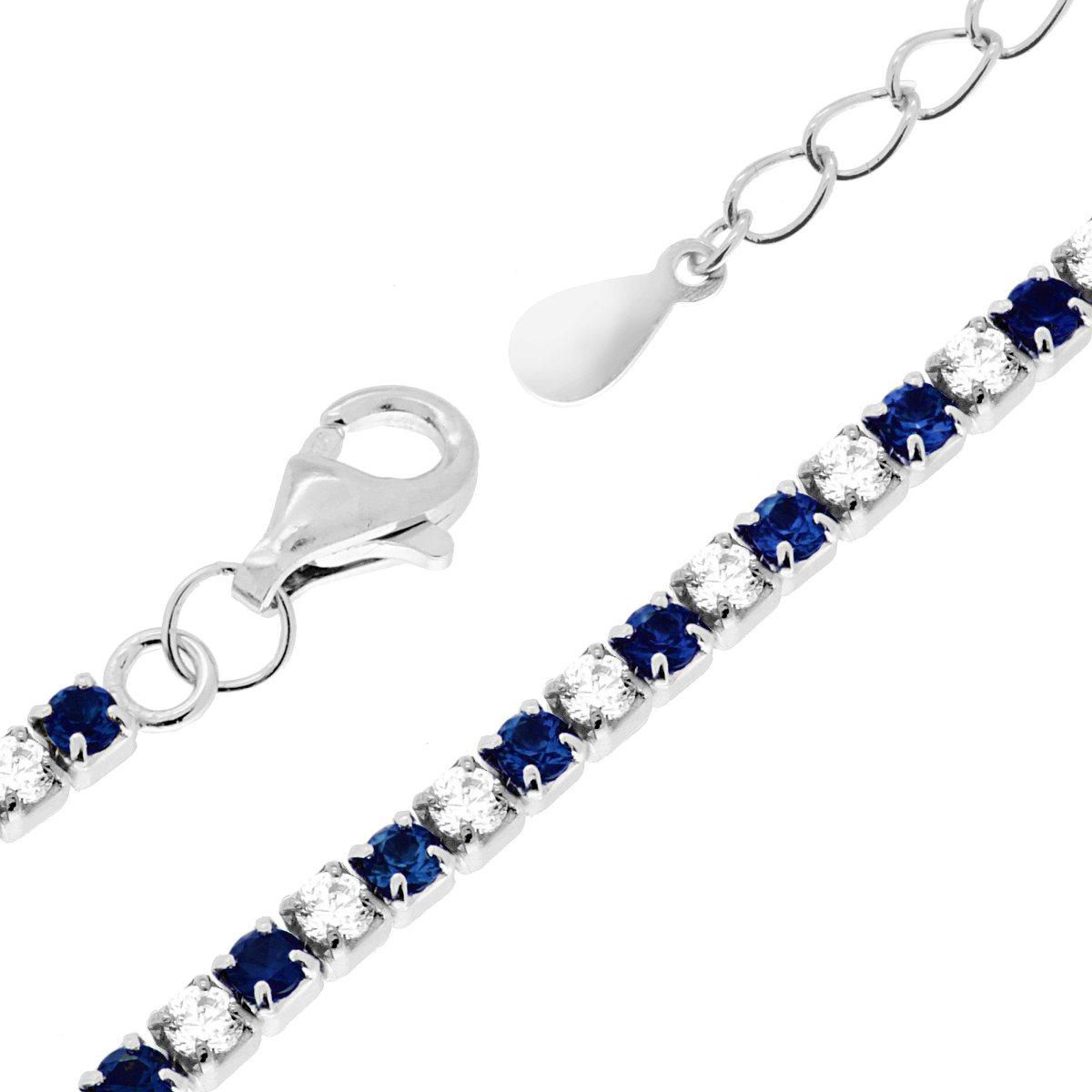 Bracciale tennis 2 mm zirconi bianchi e blu alternati   - argento 925