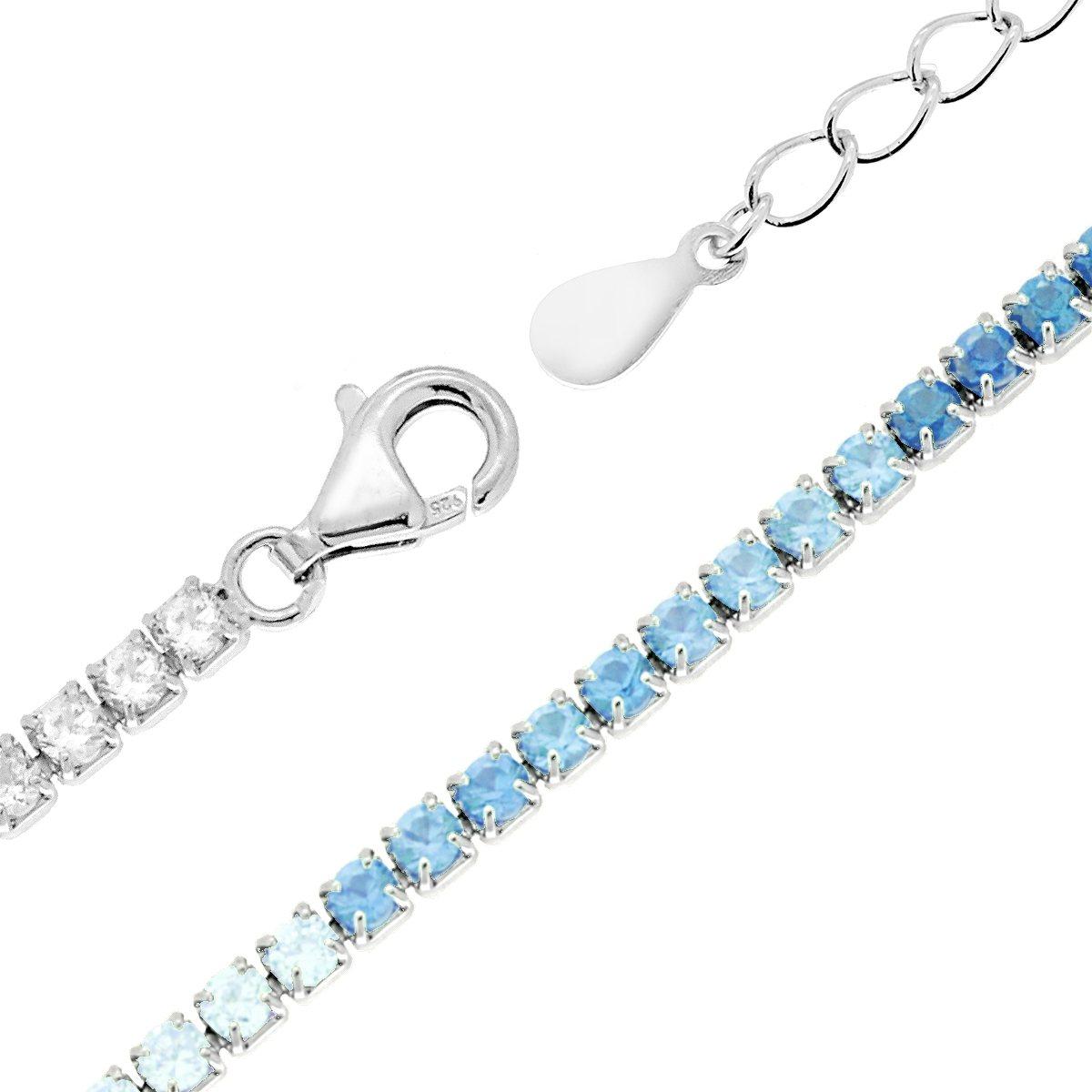 Bracciale tennis 2 mm zirconi bianchi  e acquamarina sfumato - argento 925