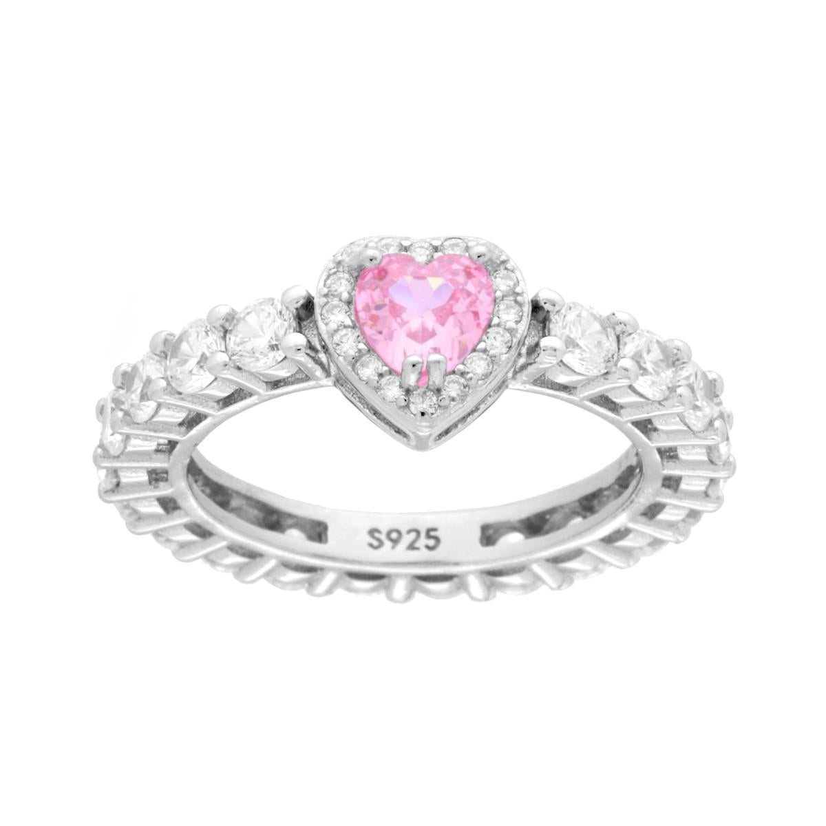 Anello veretta con zirconi bianchi e cuore rosa  - argento 925