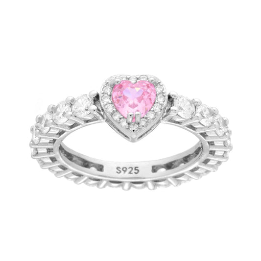 Anello veretta con zirconi bianchi e cuore rosa  - argento 925