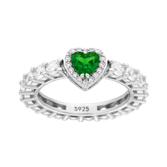 Anello veretta con zirconi bianchi e cuore verde smeraldo - argento 925