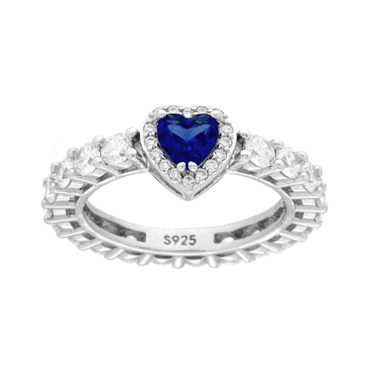 Anello veretta con zirconi bianchi e cuore blu zaffiro  - argento 925