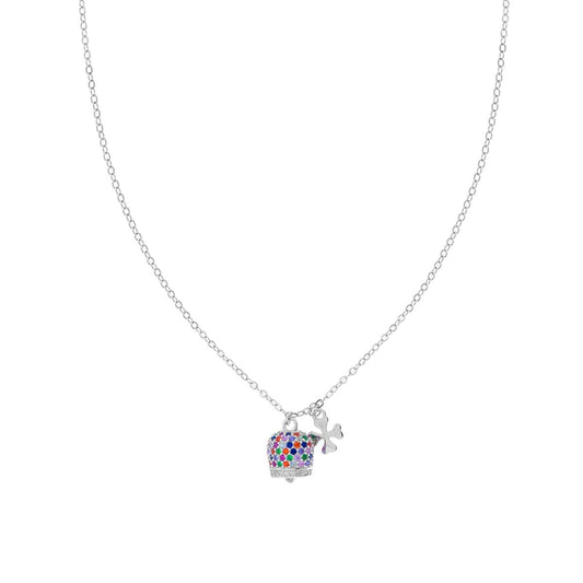 Collana campanella zirconi colorati con quadrifoglio - argento 925