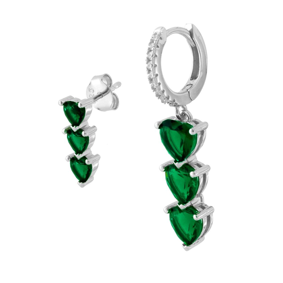 Orecchini asimmetrici cuore verde smeraldo   - argento 925