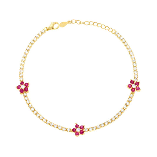 Bracciale tennis con fiori fucsia - argento 925 gold