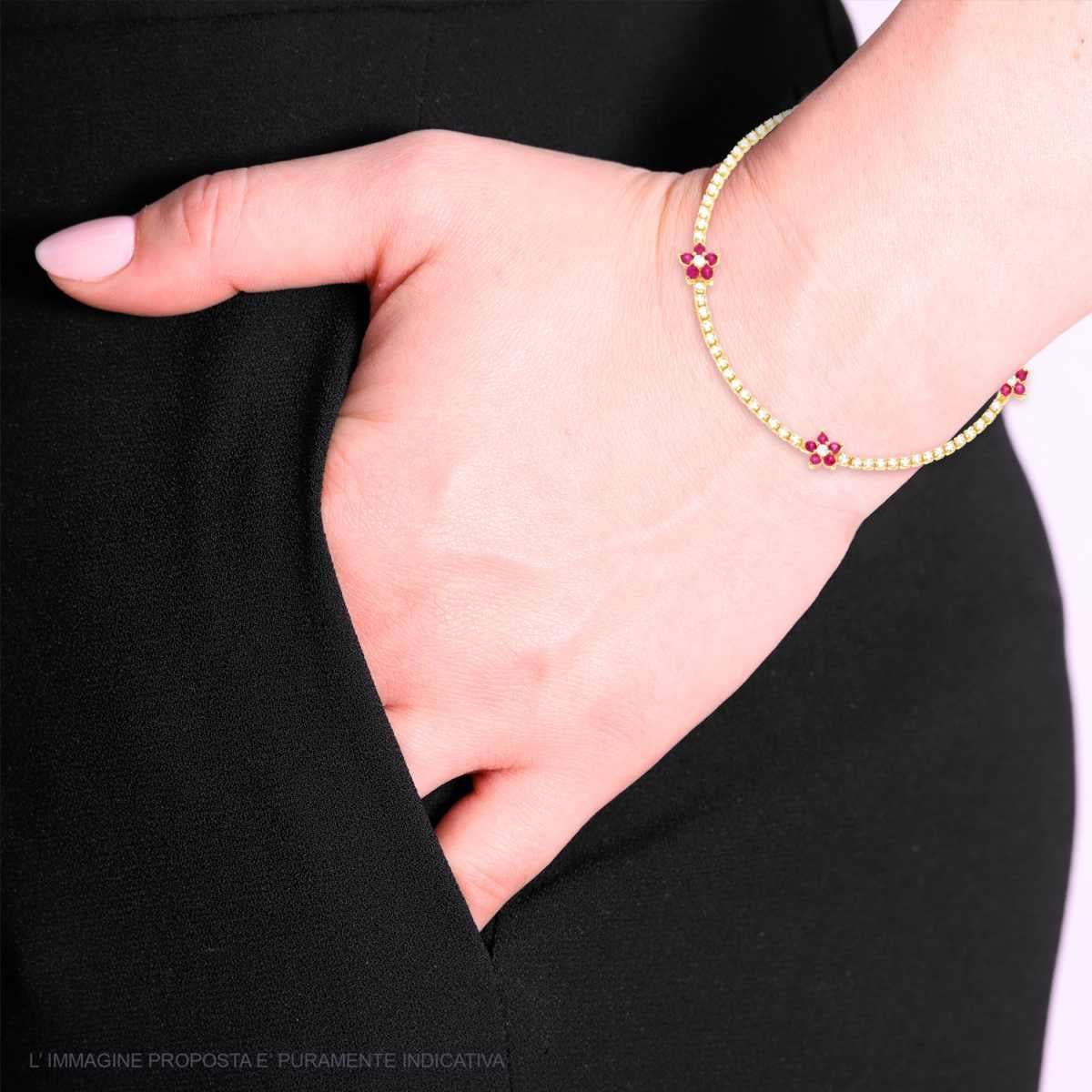 Bracciale tennis con fiori fucsia - argento 925 gold