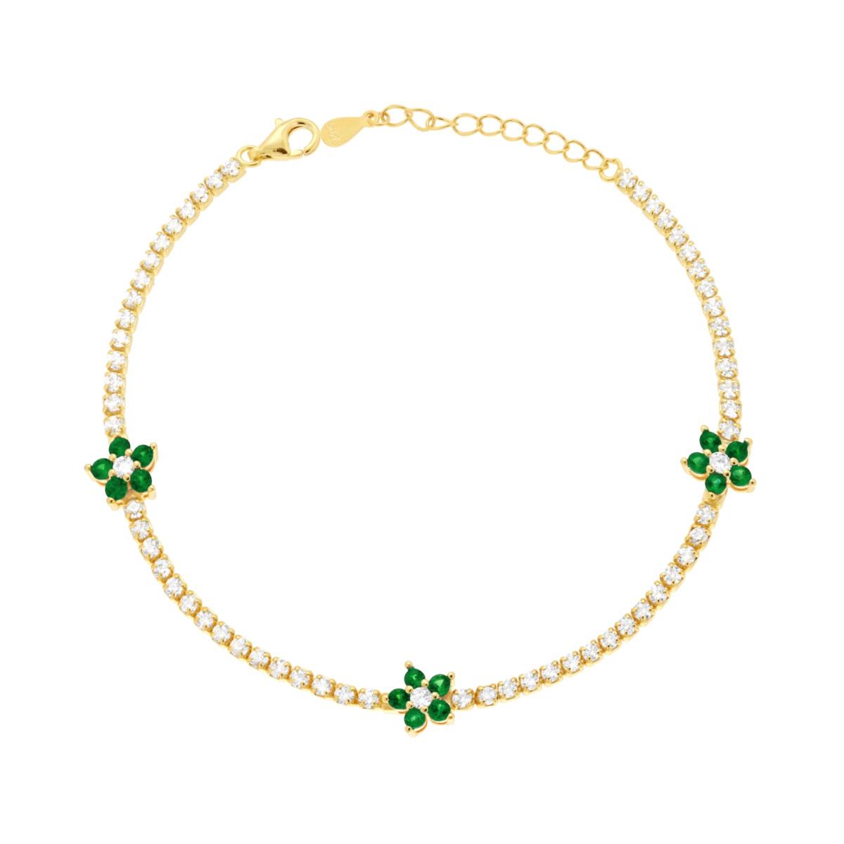 Bracciale tennis con fiori verde smeraldo - argento 925 gold