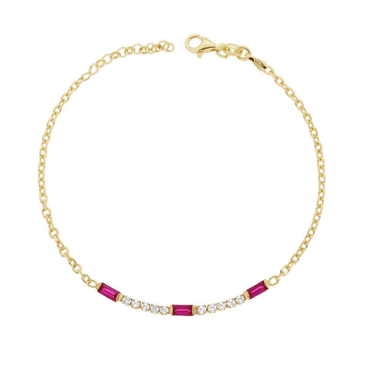 Bracciale Catena Forzatina Con Tennis Cubic Zirconia Bianchi e Baguette Rosso Rubino-argento 925 gold