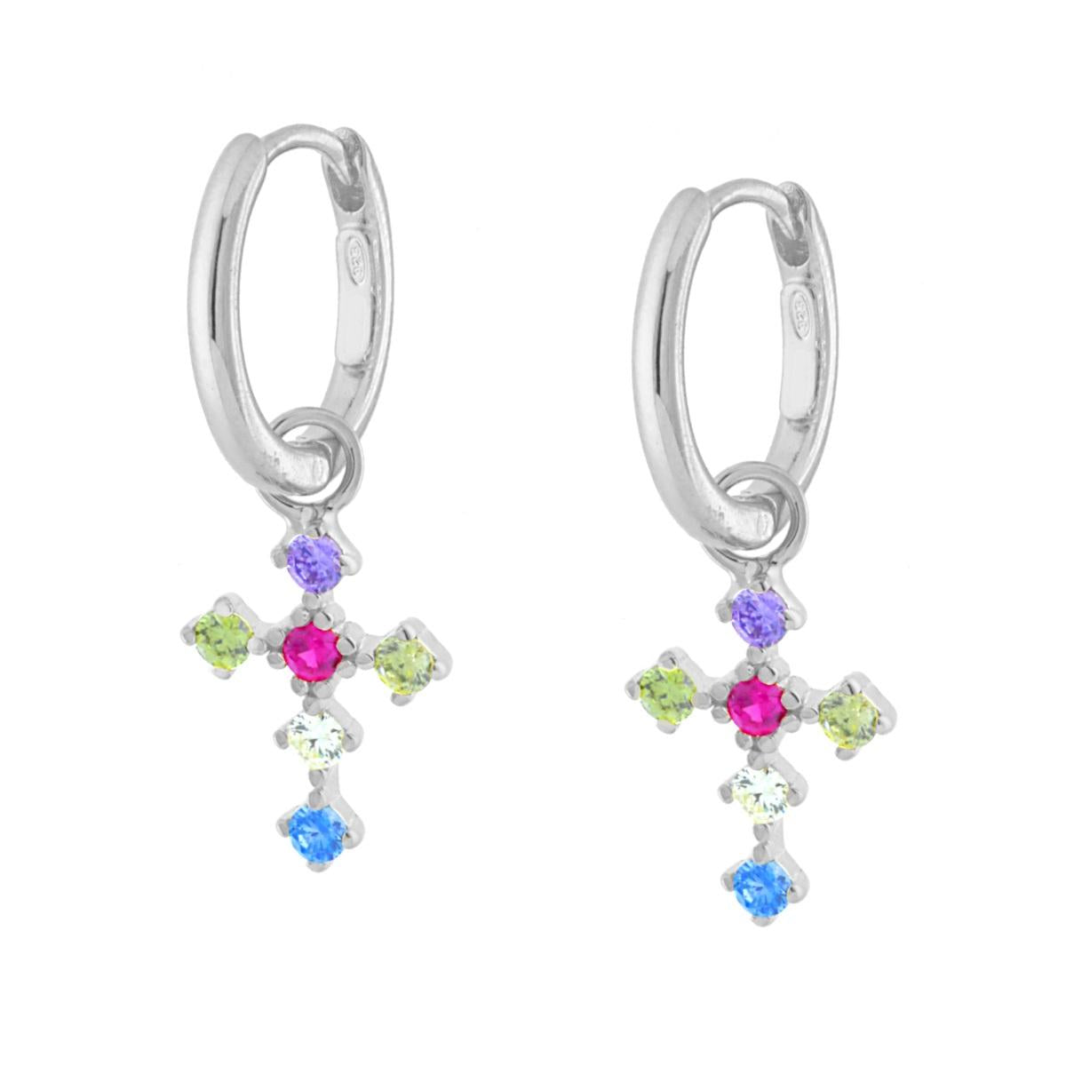 Orecchini croce con zirconi multicolor  - argento 925