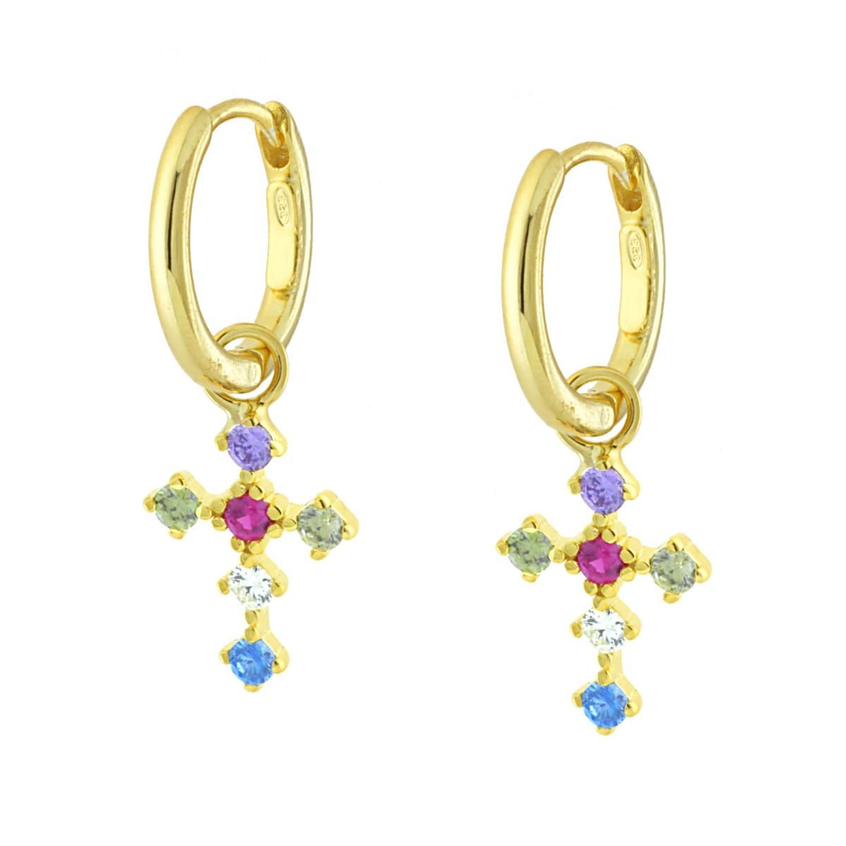 Orecchini croce con zirconi multicolor  - argento 925 gold