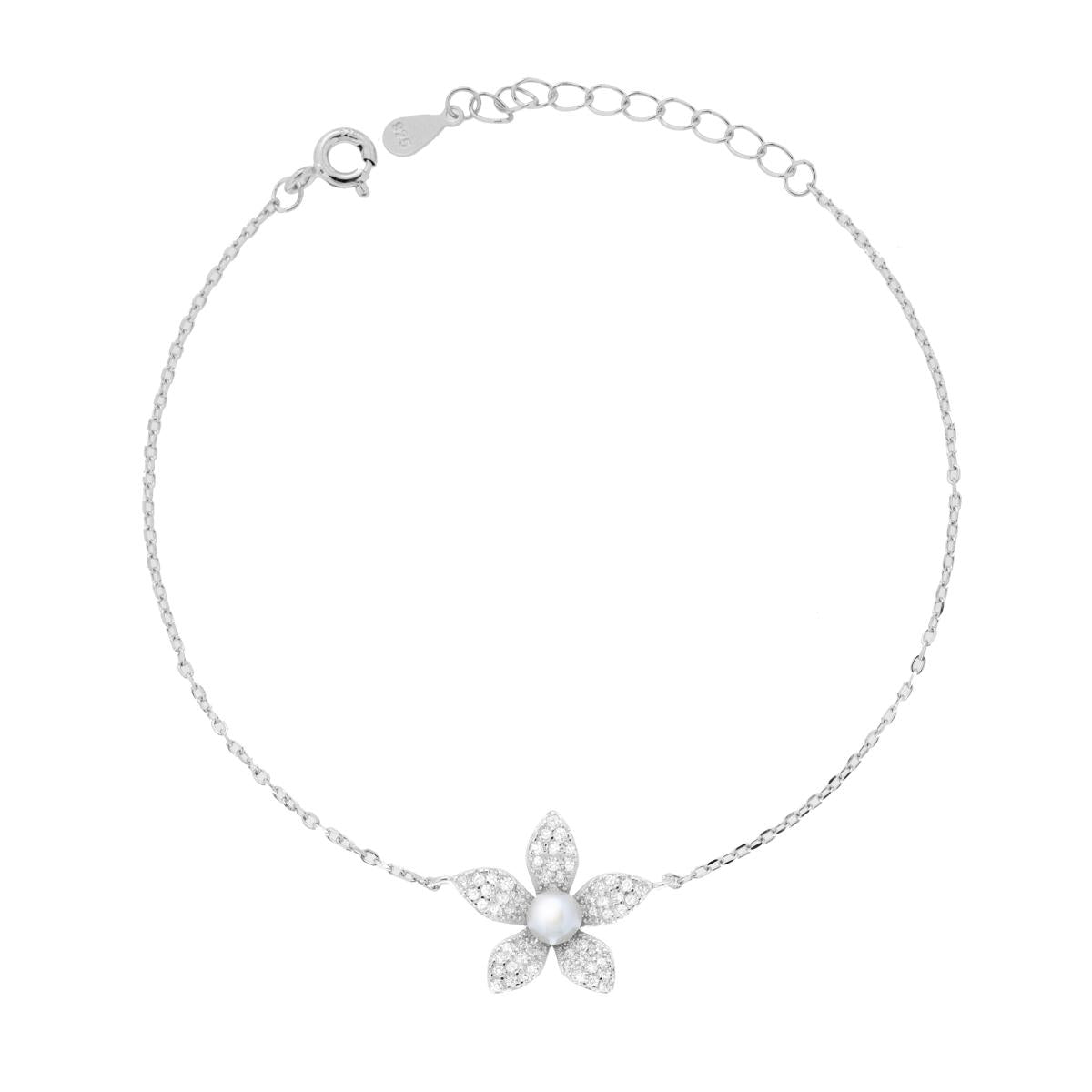 Bracciale fiore zirconato con perla - argento 925