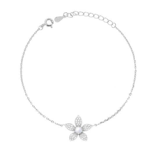 Bracciale fiore zirconato con perla - argento 925