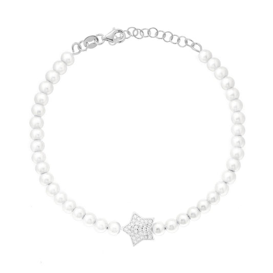 Bracciale Catena con Perle Vetro Perlato e Stella con Cubic Zirconia Bianchi - ARGENTO 925