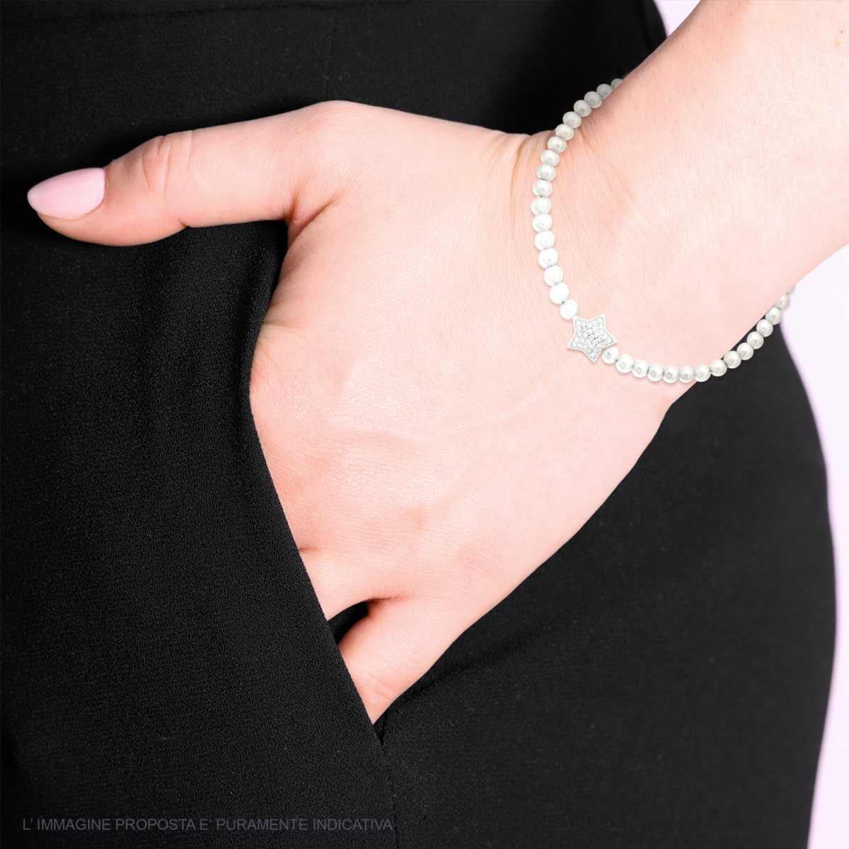 Bracciale Catena con Perle Vetro Perlato e Stella con Cubic Zirconia Bianchi - ARGENTO 925