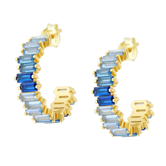 Orecchini 2 cm zirconi baguette blu e acquamarina sfumati- argento 925  gold