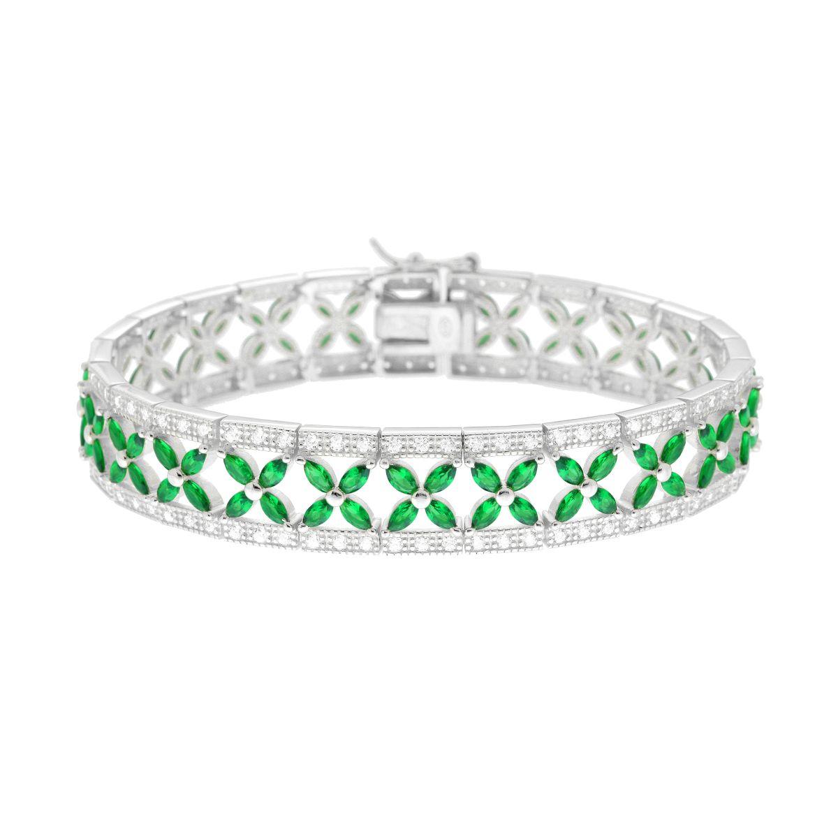 Bracciale Tennis taglio fiore zirconi bianchi e verde smeraldo - argento 925