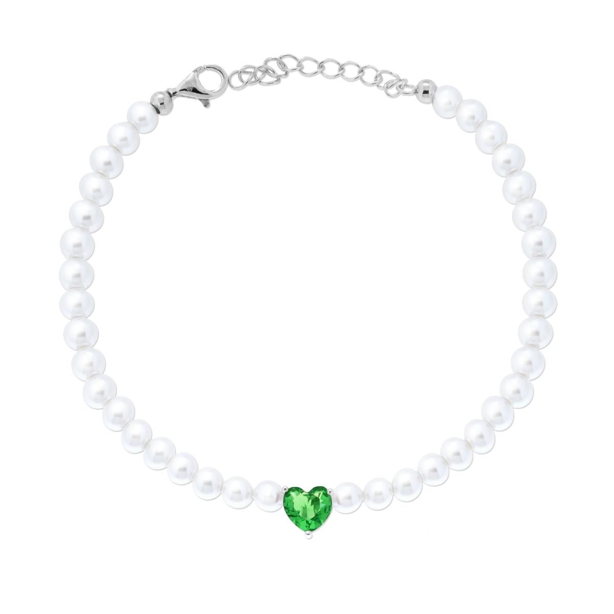 Bracciale di perle in vetro con zircone verde smeraldo  - argento 925