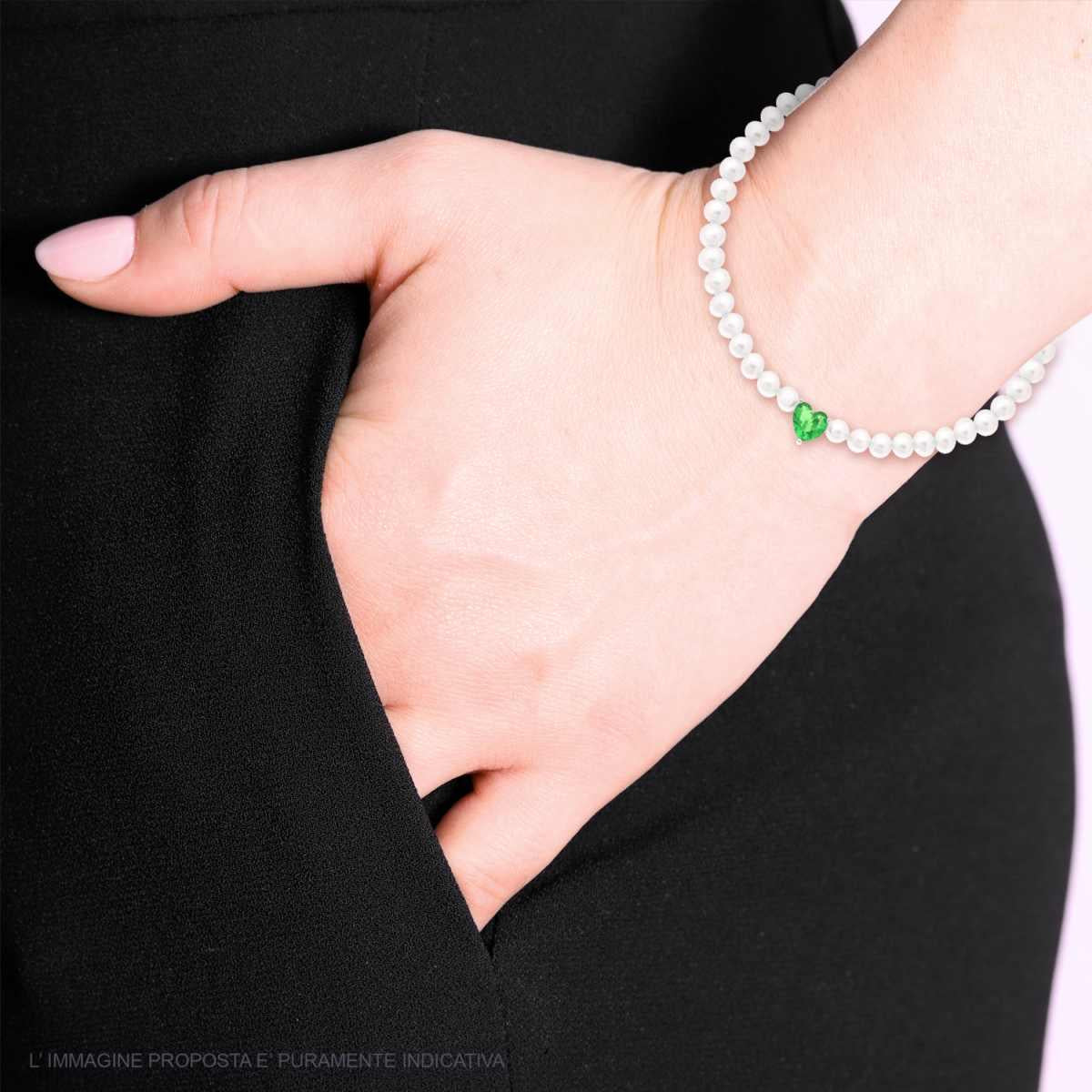 Bracciale di perle in vetro con zircone verde smeraldo  - argento 925