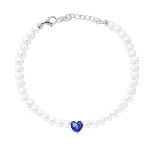 Bracciale di perle in vetro con zircone blu zaffiro   - argento 925