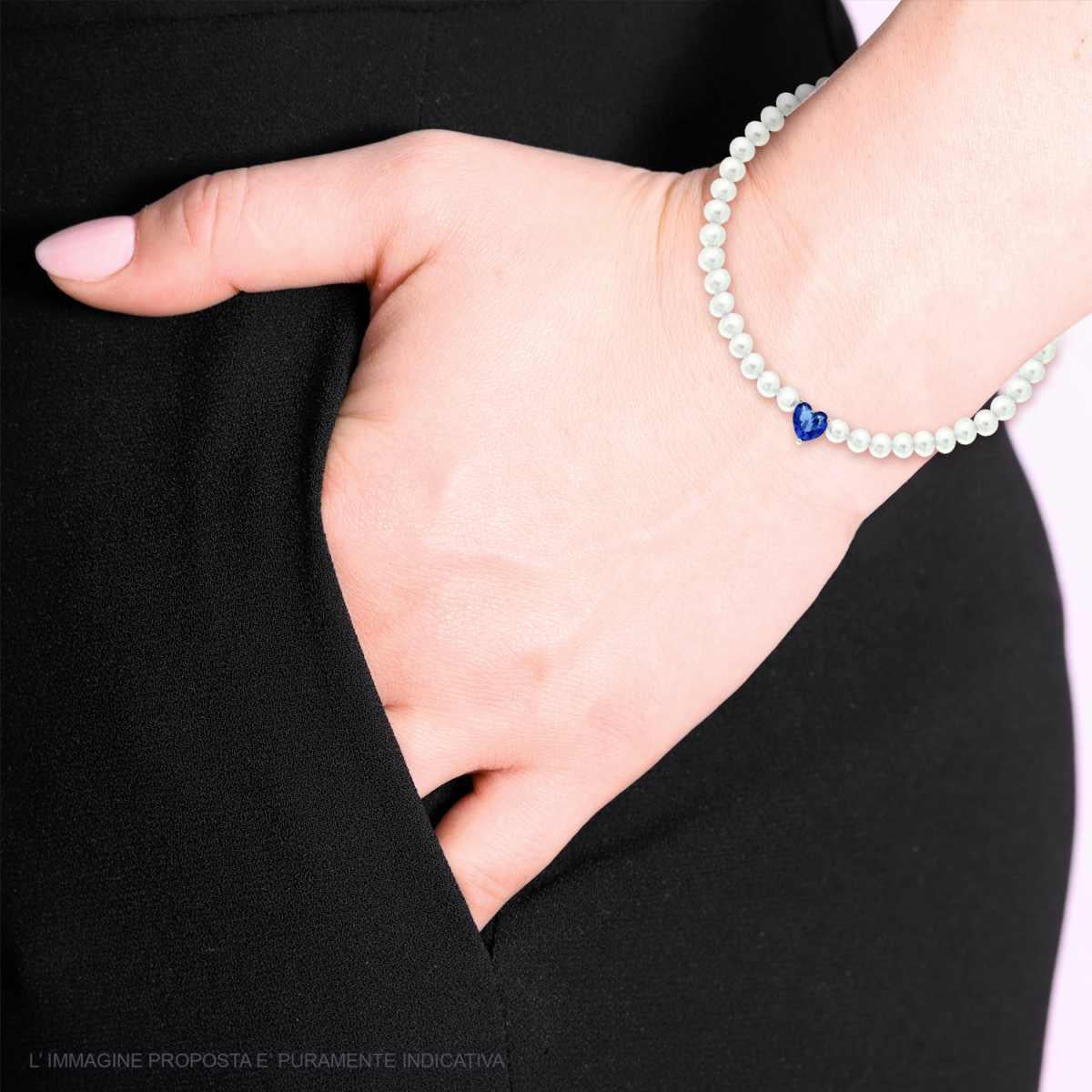 Bracciale di perle in vetro con zircone blu zaffiro   - argento 925