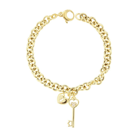 Bracciale Catena Forzatina con Cuore e Chiave con Cubic Zirconia Bianchi pendenti -argento 925