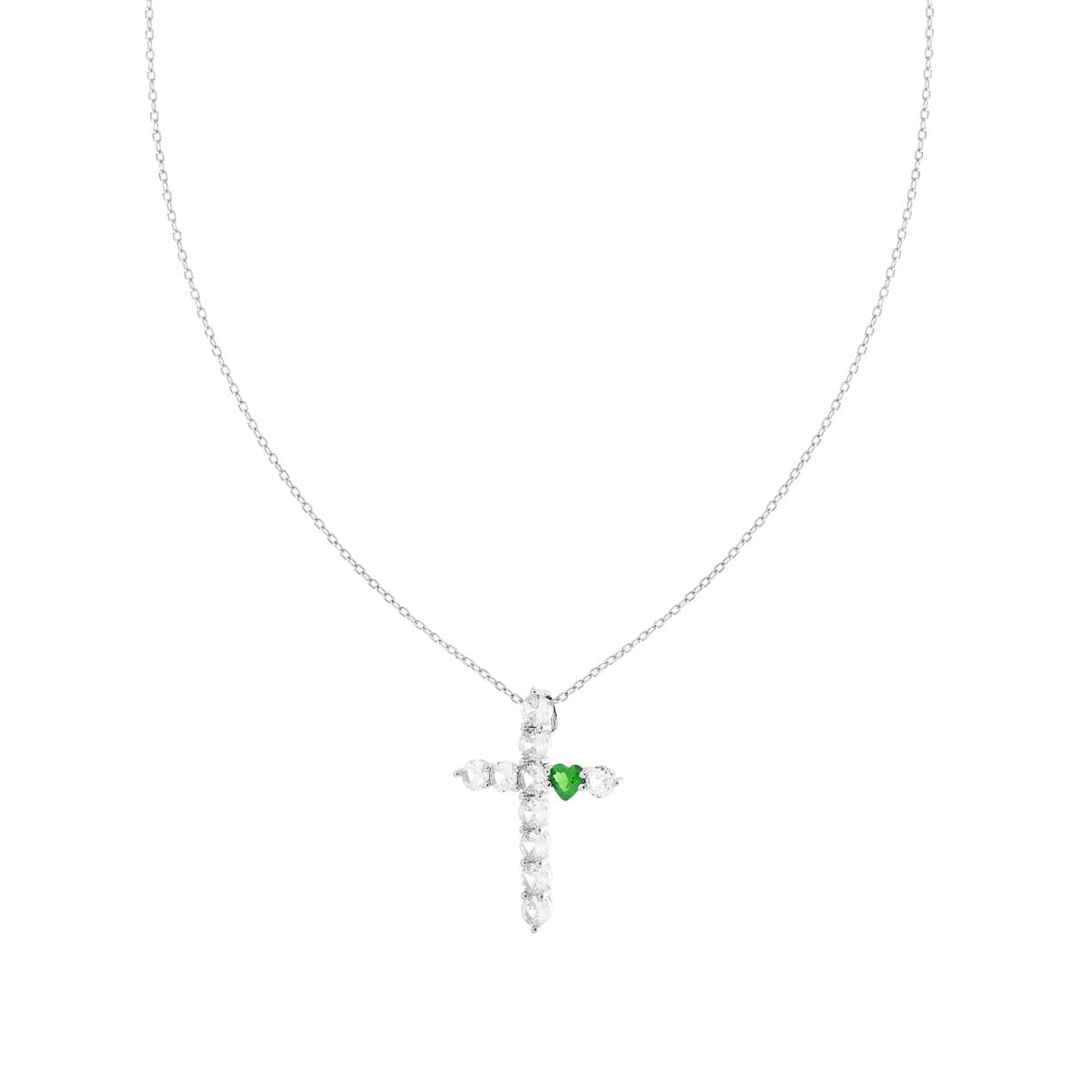 Collana croce con zirconi bianchi e cuore verde smeraldo-argento 925