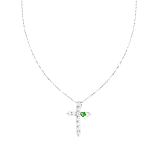 Collana croce con zirconi bianchi e cuore verde smeraldo-argento 925