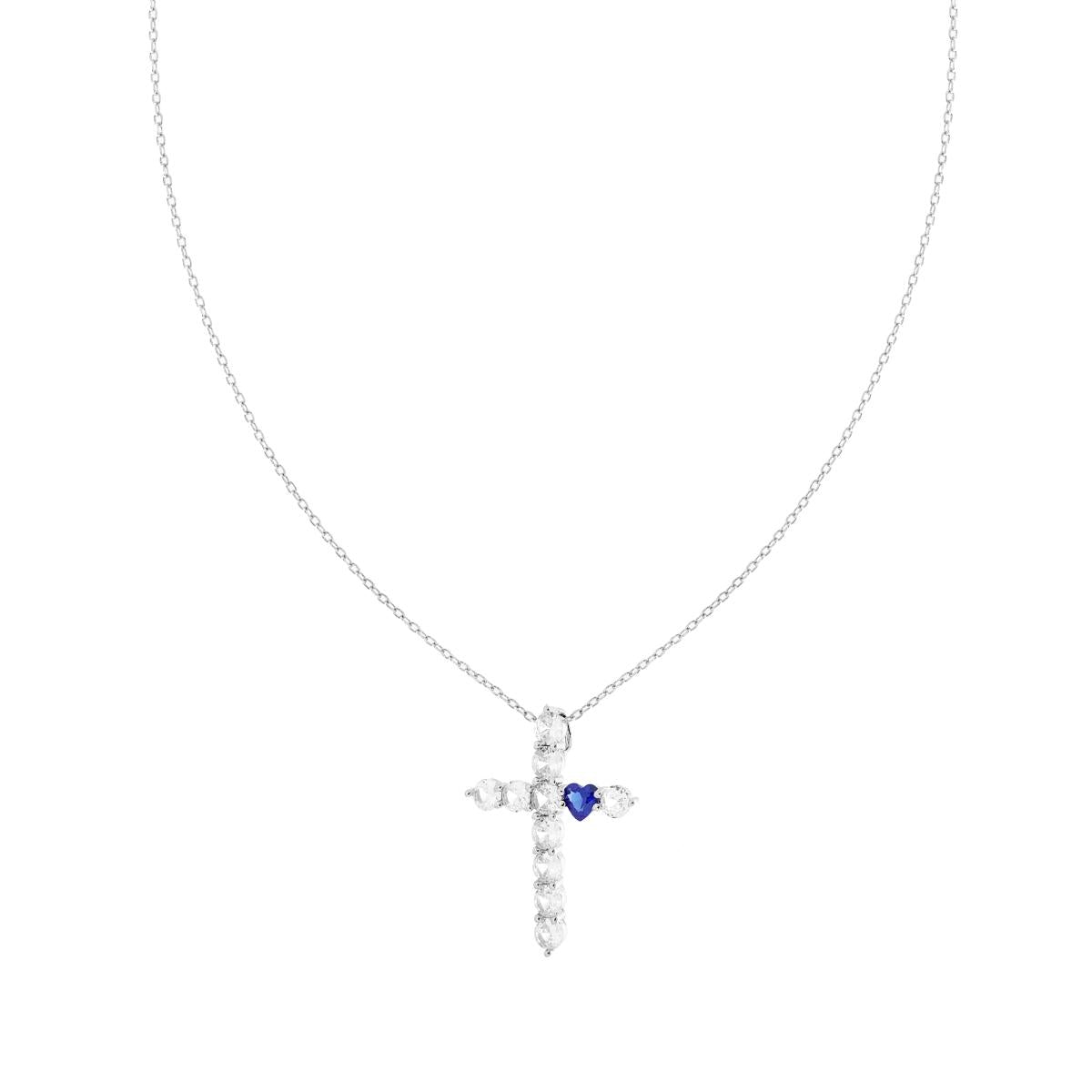 Collana croce con zirconi bianchi e cuore blu zaffirp-argento 925