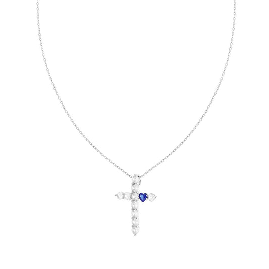 Collana croce con zirconi bianchi e cuore blu zaffirp-argento 925