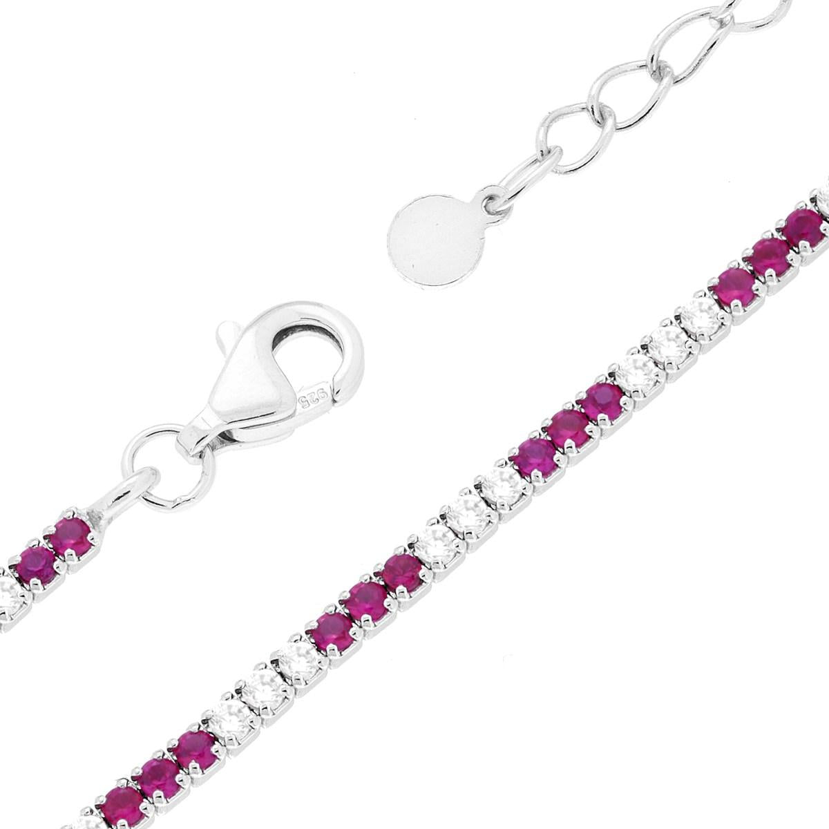 Bracciale tennis con  3 zirconi fucsia  alternati  1,55mm - argento 925