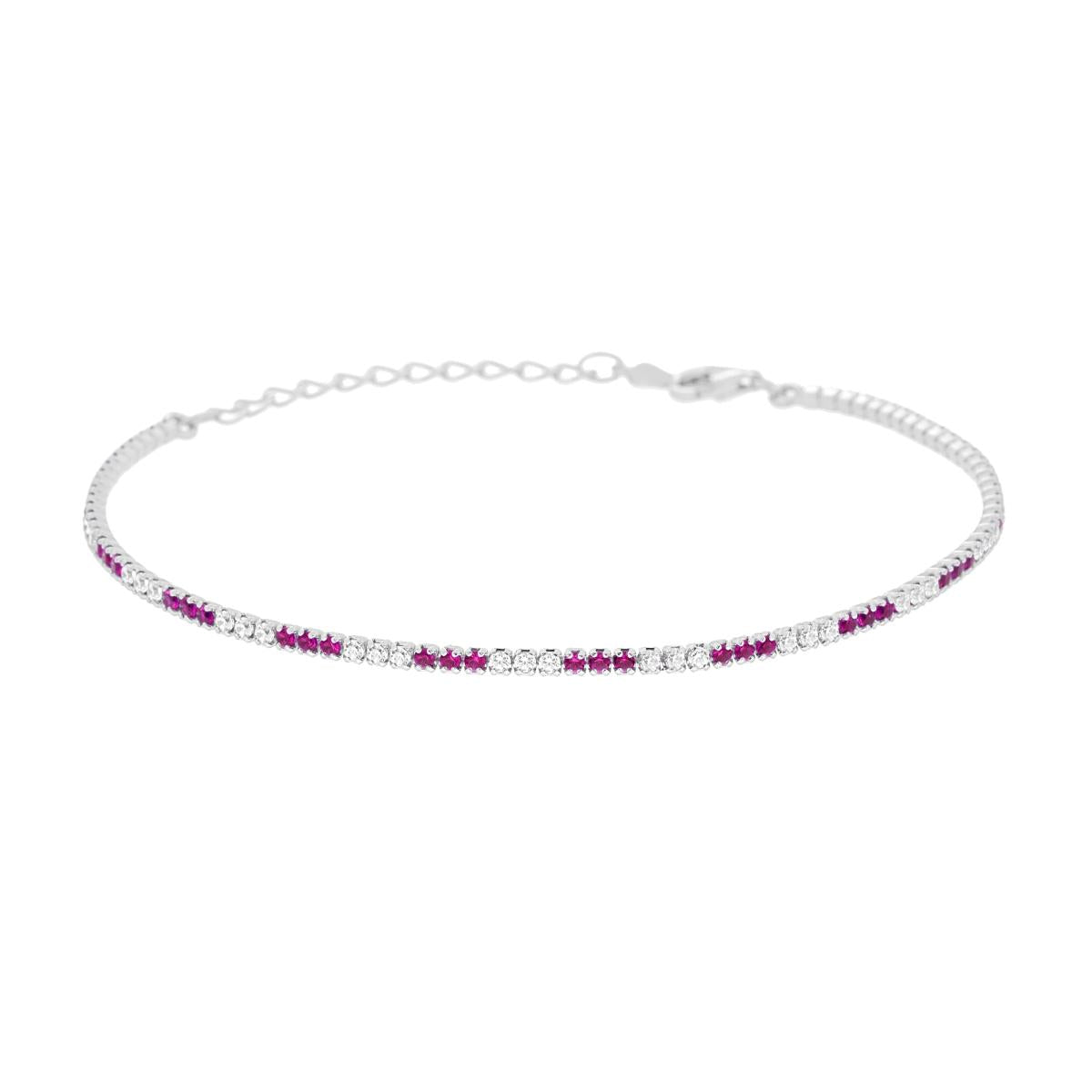 Bracciale tennis con  3 zirconi fucsia  alternati  1,55mm - argento 925