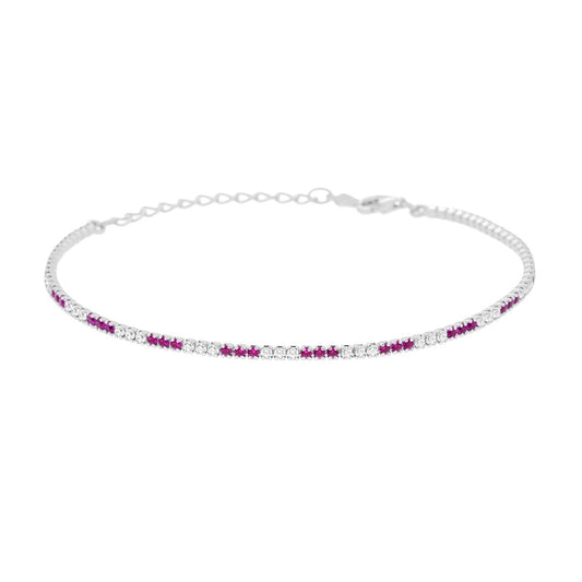 Bracciale tennis con  3 zirconi fucsia  alternati  1,55mm - argento 925