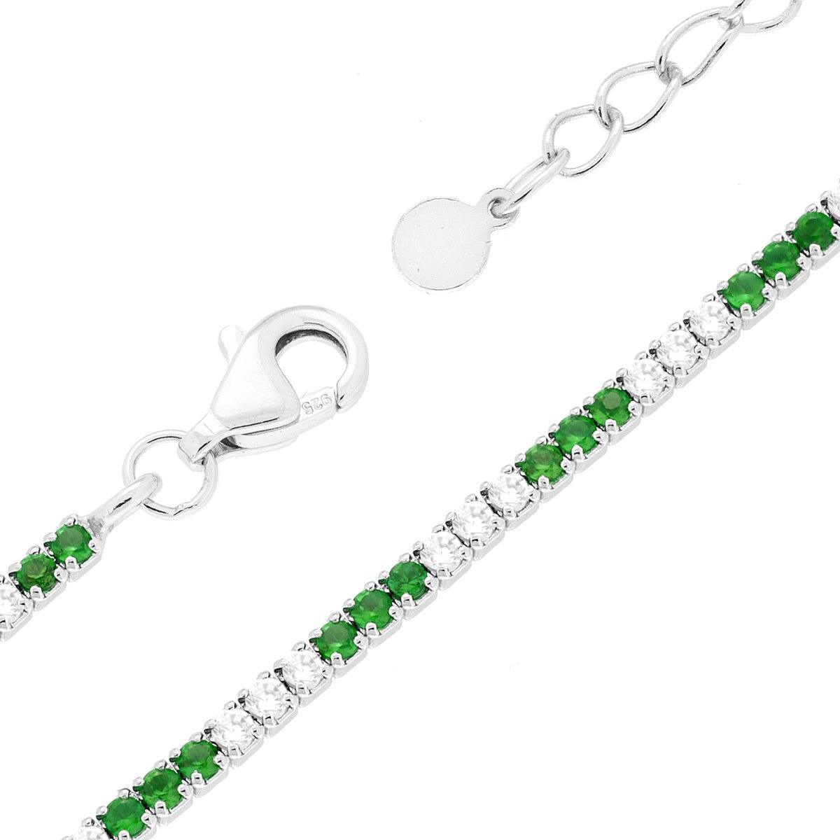 Bracciale tennis con  3 zirconi verde smeraldo alternati  1,55mm - argento 925