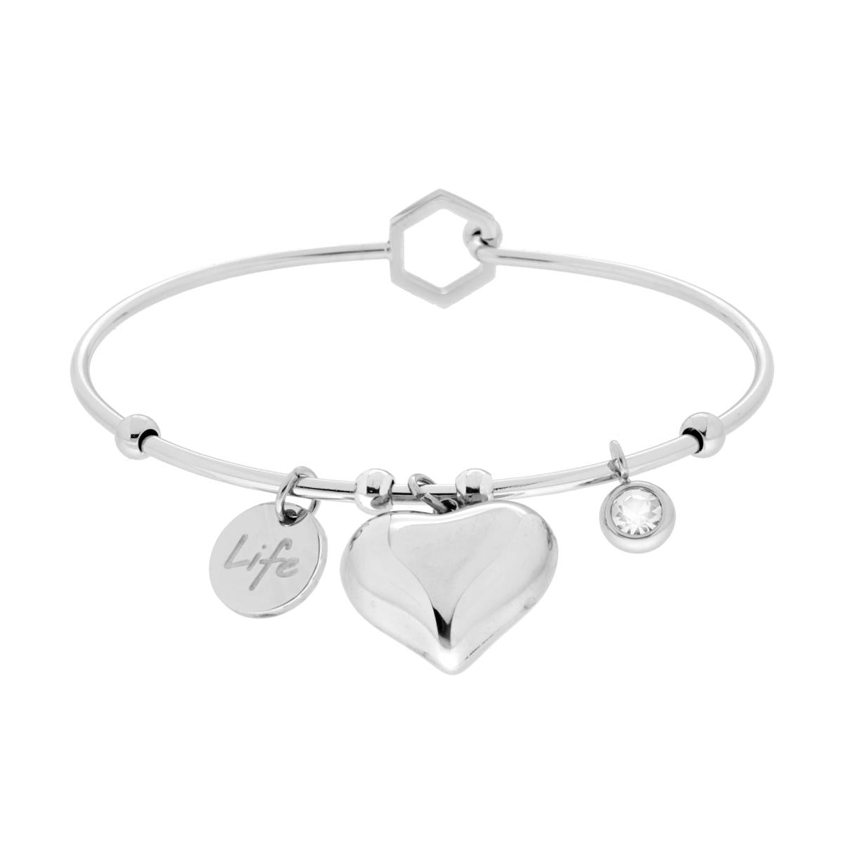 Bracciale filo Rigido con Tondo con Scritta Life Cuore bombato e Punto Luce pendenti